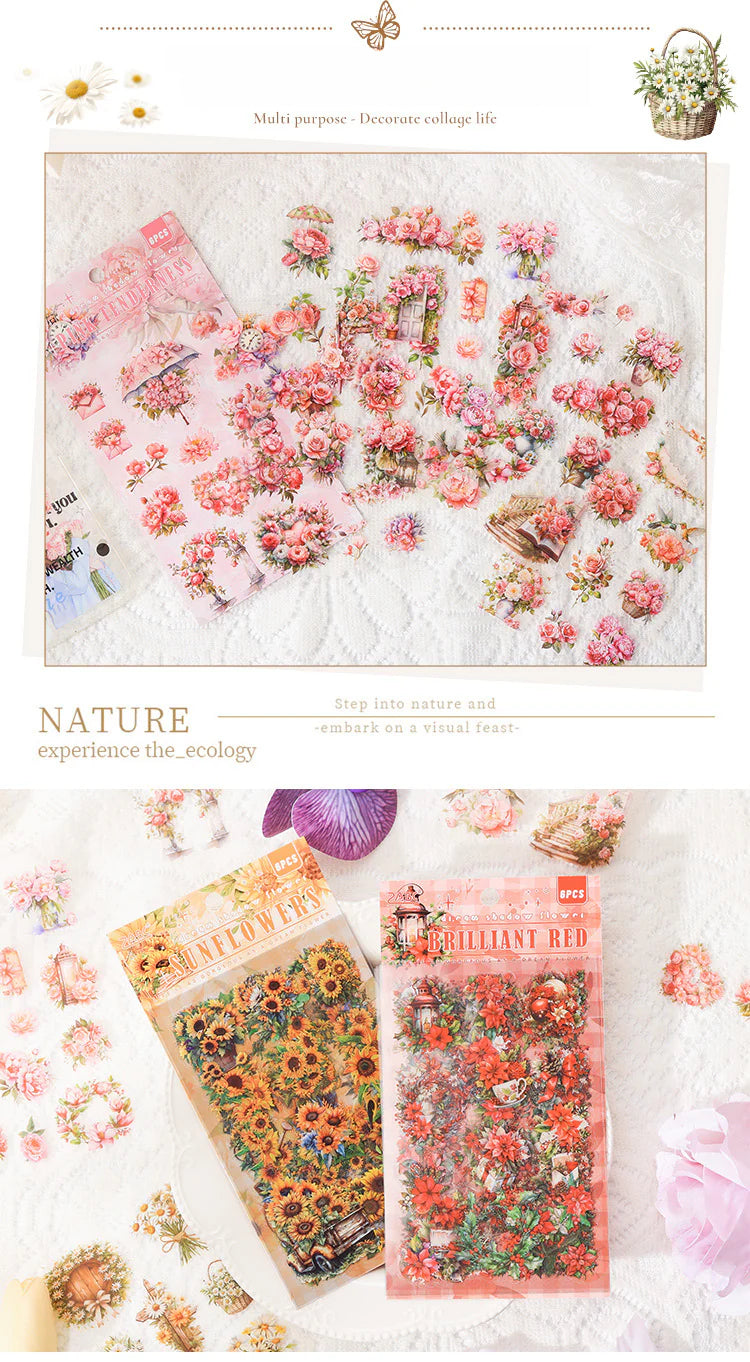 CAWPURI Dream Shadow Flower Stickers – 6PCS Waterproof PET for Handbooks