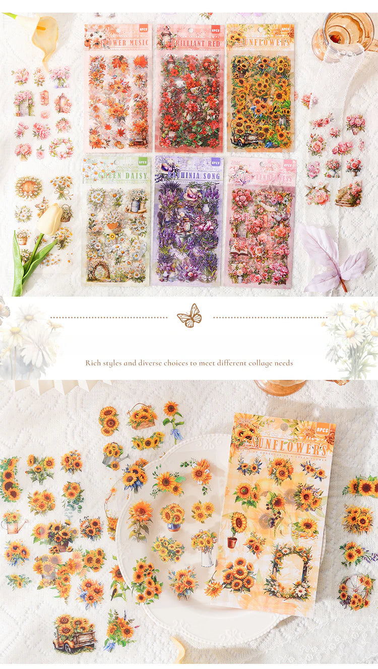 CAWPURI Dream Shadow Flower Stickers – 6PCS Waterproof PET for Handbooks