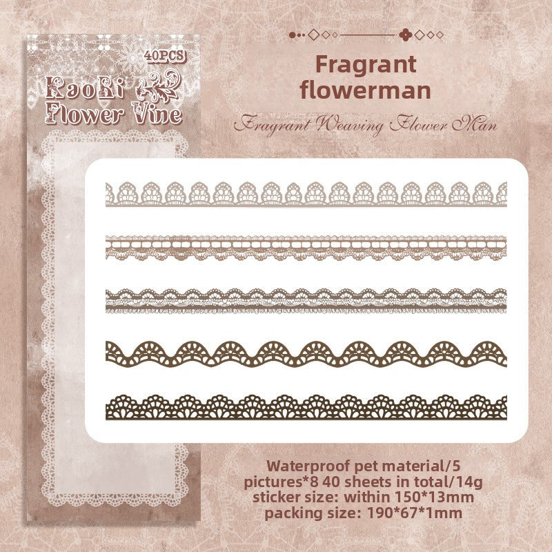CAWPURI Flower Bud Dream Yarn Stickers – 40PCS Retro Lace PET Stickers for Handbooks