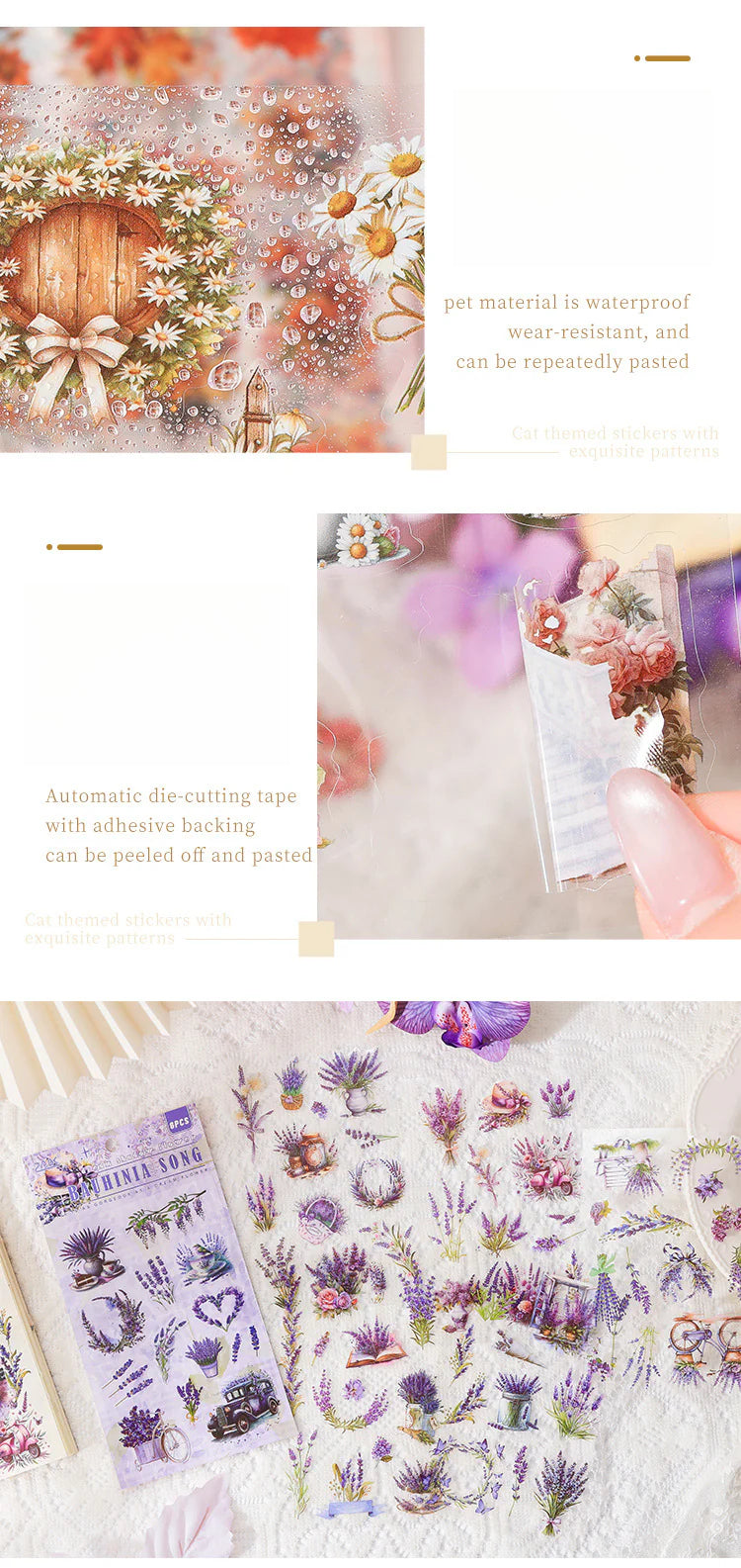 CAWPURI Dream Shadow Flower Stickers – 6PCS Waterproof PET for Handbooks