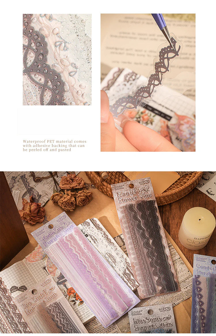 CAWPURI Flower Bud Dream Yarn Stickers – 40PCS Retro Lace PET Stickers for Handbooks