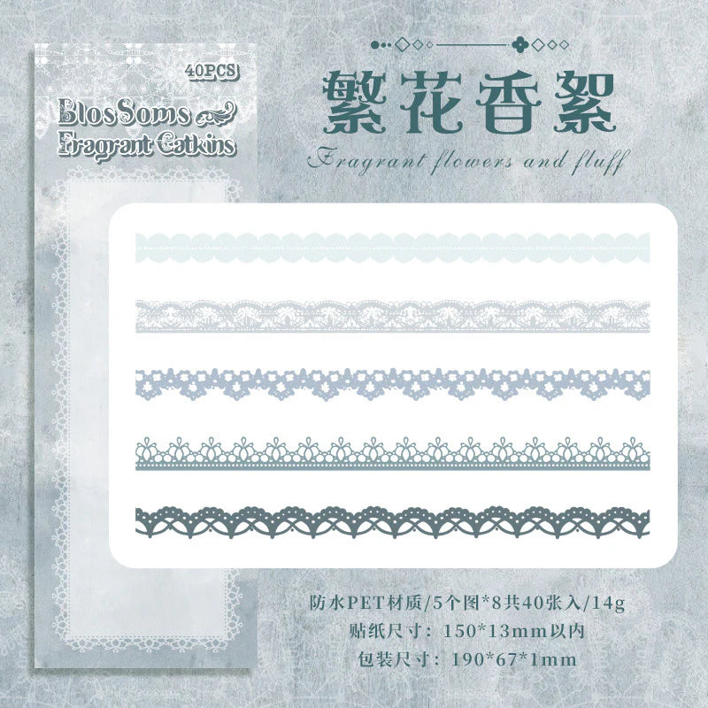 CAWPURI Flower Bud Dream Yarn Stickers – 40PCS Retro Lace PET Stickers for Handbooks