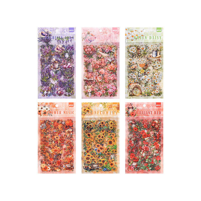 CAWPURI Dream Shadow Flower Stickers – 6PCS Waterproof PET for Handbooks