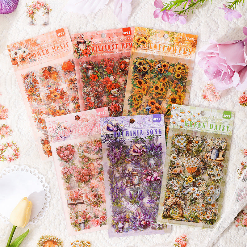 CAWPURI Dream Shadow Flower Stickers – 6PCS Waterproof PET for Handbooks