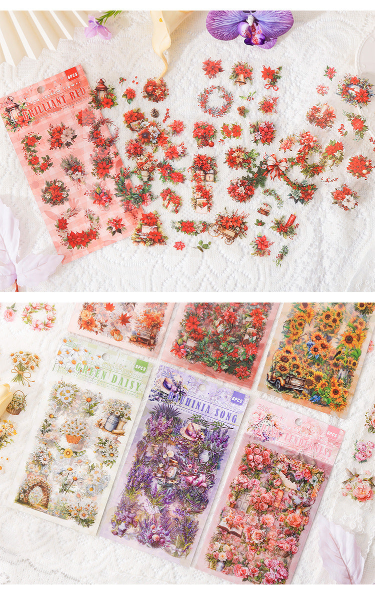 CAWPURI Dream Shadow Flower Stickers – 6PCS Waterproof PET for Handbooks