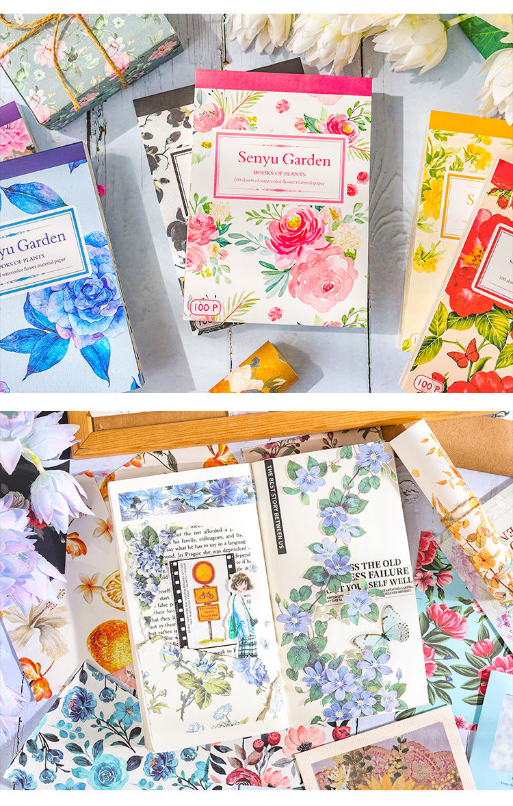 CAWPURI Senyu Garden Material Book – 100 Retro Flower Stickers for Handbooks