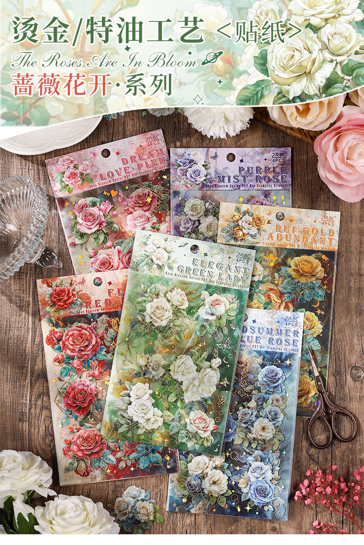 CAWPURI Rose Flower Bronzing Stickers – 4Pcs Waterproof PET Hand Account Stickers