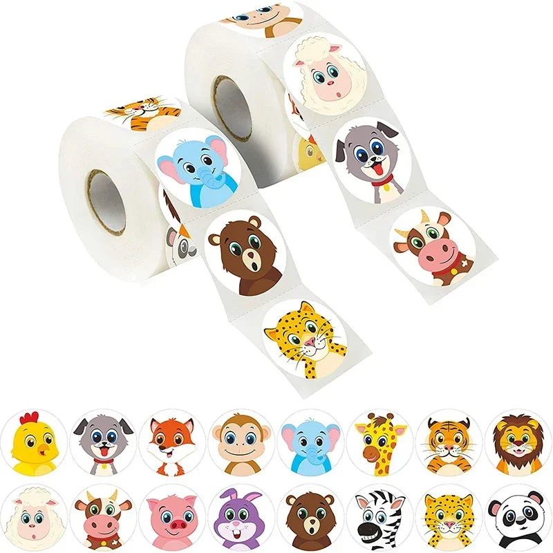 CAWPURI 500/1000PCs Colorful Star Adhesive Stickers Kawaii Animal Scrapbook Reward Sticker Roll Labels for Kids Gift DIY Art Supplies