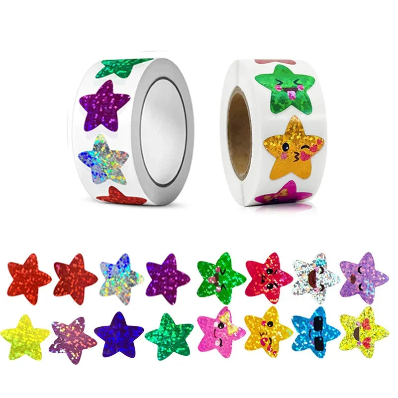 CAWPURI 500/1000PCs Colorful Star Adhesive Stickers Kawaii Animal Scrapbook Reward Sticker Roll Labels for Kids Gift DIY Art Supplies