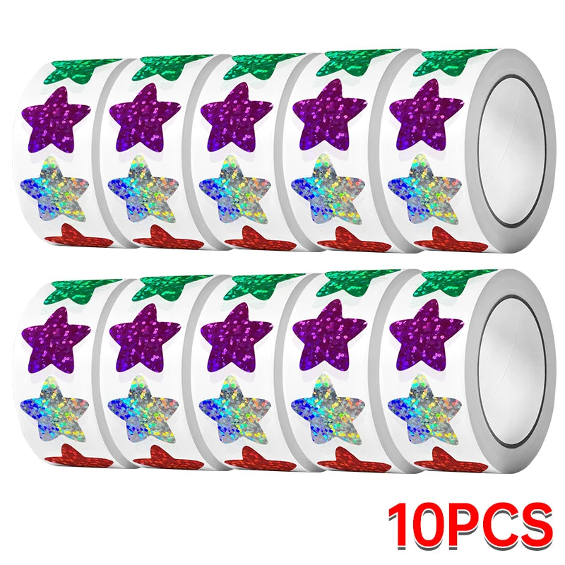 CAWPURI 500/1000PCs Colorful Star Adhesive Stickers Kawaii Animal Scrapbook Reward Sticker Roll Labels for Kids Gift DIY Art Supplies