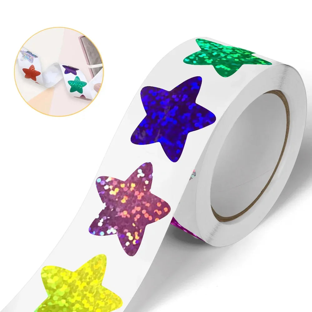 CAWPURI 500/1000PCs Colorful Star Adhesive Stickers Kawaii Animal Scrapbook Reward Sticker Roll Labels for Kids Gift DIY Art Supplies