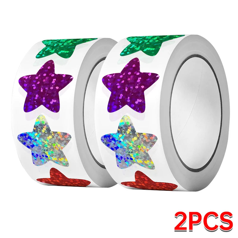 CAWPURI 500/1000PCs Colorful Star Adhesive Stickers Kawaii Animal Scrapbook Reward Sticker Roll Labels for Kids Gift DIY Art Supplies