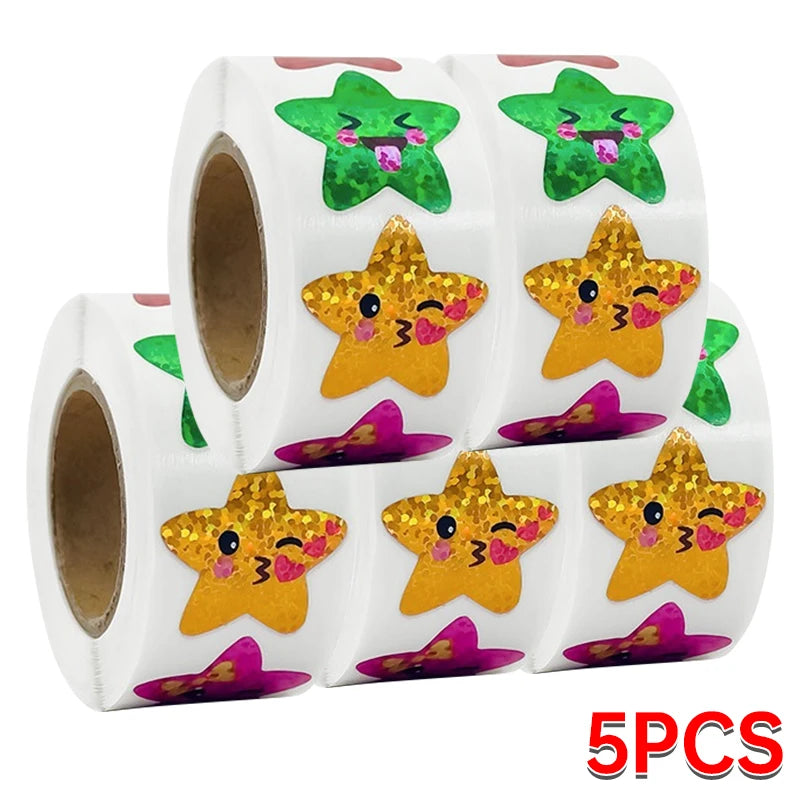 CAWPURI 500/1000PCs Colorful Star Adhesive Stickers Kawaii Animal Scrapbook Reward Sticker Roll Labels for Kids Gift DIY Art Supplies