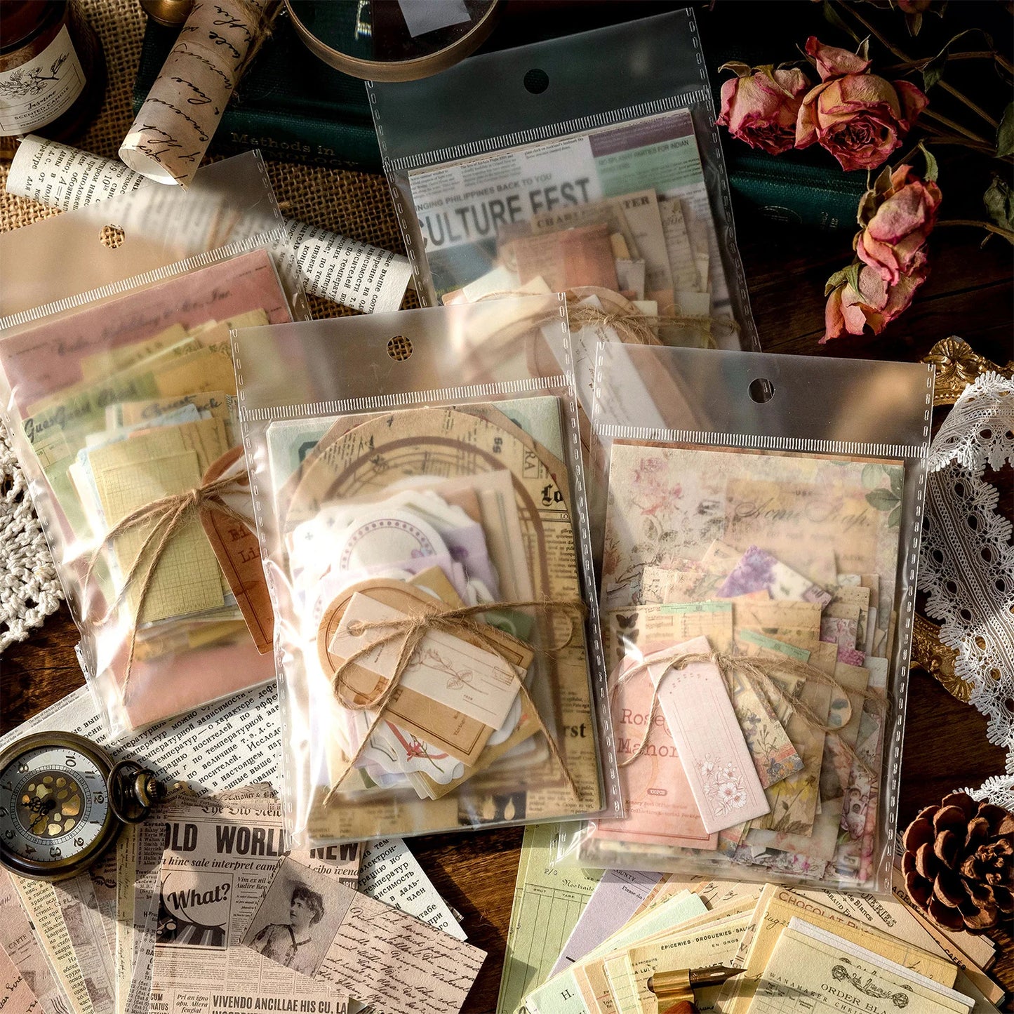 CAWPURI 100pcs/pack Decor Scrapbook Vintage Materials Paper Combo Kit DIY Junk Journal Collage Photo Album Retro Background paper