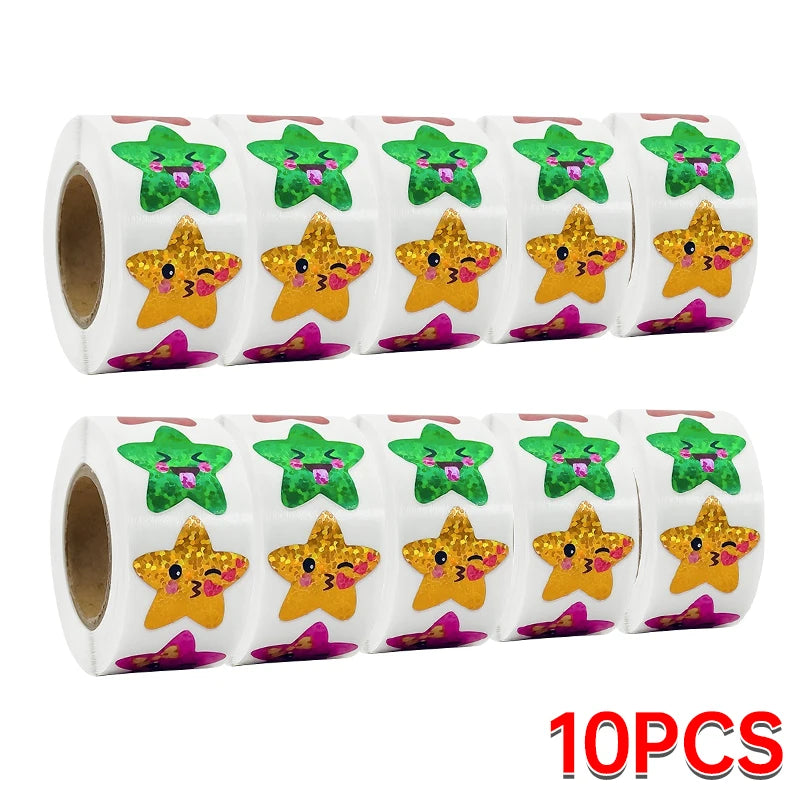 CAWPURI 500/1000PCs Colorful Star Adhesive Stickers Kawaii Animal Scrapbook Reward Sticker Roll Labels for Kids Gift DIY Art Supplies