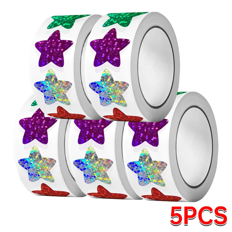 CAWPURI 500/1000PCs Colorful Star Adhesive Stickers Kawaii Animal Scrapbook Reward Sticker Roll Labels for Kids Gift DIY Art Supplies