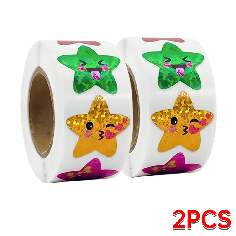 CAWPURI 500/1000PCs Colorful Star Adhesive Stickers Kawaii Animal Scrapbook Reward Sticker Roll Labels for Kids Gift DIY Art Supplies