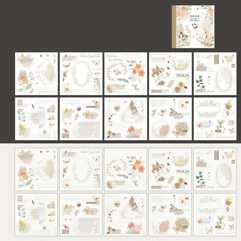 CAWPURI 4Style 20pcs/book INS Floral Sticker Book Four Seasons Theme Cutting Scrapbook Dual-material Handbook DIY Decorative Stickers