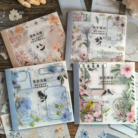 CAWPURI 4Style 20pcs/book INS Floral Sticker Book Four Seasons Theme Cutting Scrapbook Dual-material Handbook DIY Decorative Stickers