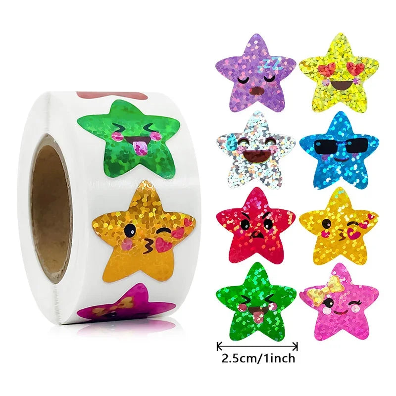 CAWPURI 500/1000PCs Colorful Star Adhesive Stickers Kawaii Animal Scrapbook Reward Sticker Roll Labels for Kids Gift DIY Art Supplies