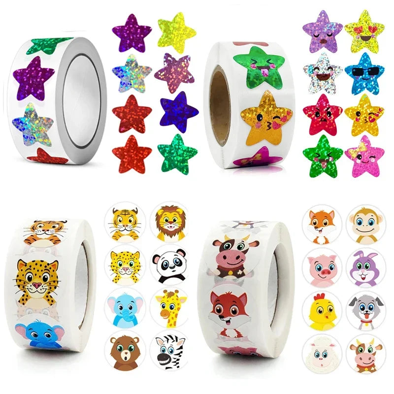 CAWPURI 500/1000PCs Colorful Star Adhesive Stickers Kawaii Animal Scrapbook Reward Sticker Roll Labels for Kids Gift DIY Art Supplies