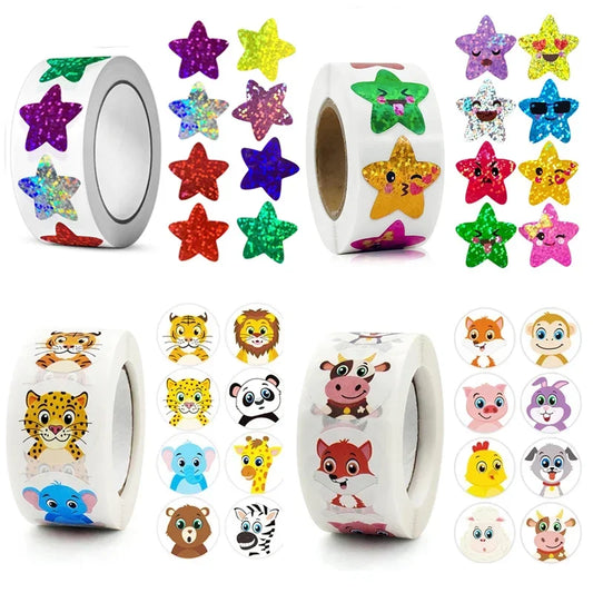 CAWPURI 500/1000PCs Colorful Star Adhesive Stickers Kawaii Animal Scrapbook Reward Sticker Roll Labels for Kids Gift DIY Art Supplies