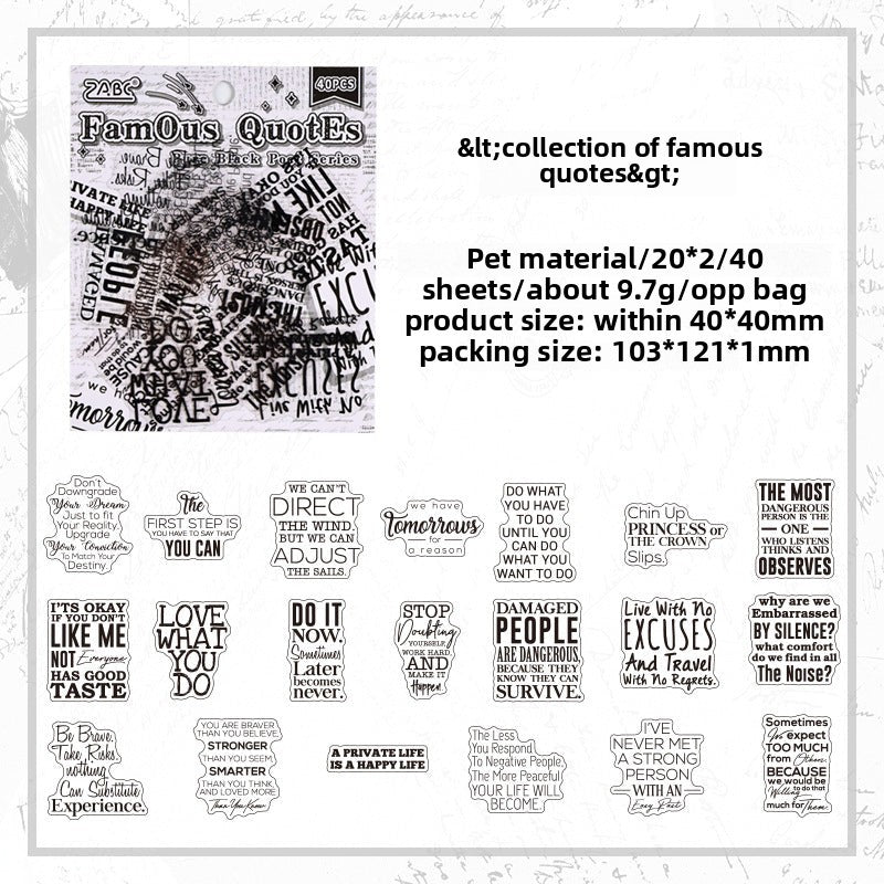 CAWPURI Pure Black Poet Sticker Pack – 40PCS Inspiring Designs
