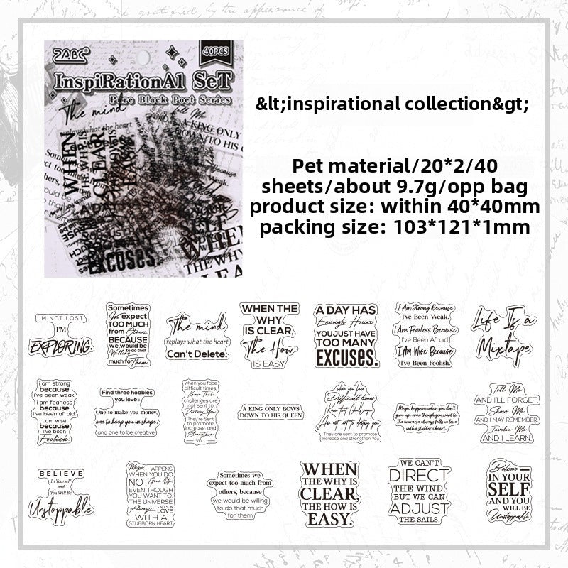 CAWPURI Pure Black Poet Sticker Pack – 40PCS Inspiring Designs
