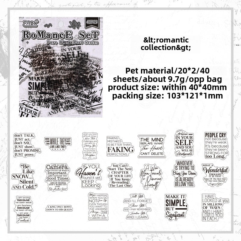CAWPURI Pure Black Poet Sticker Pack – 40PCS Inspiring Designs