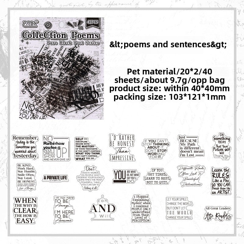 CAWPURI Pure Black Poet Sticker Pack – 40PCS Inspiring Designs