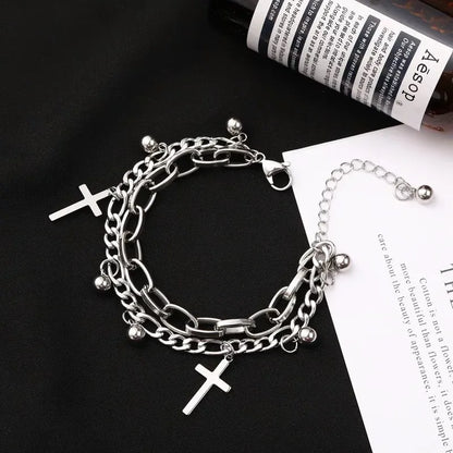 Gothic Hip Hop Metal Cross Pendant Charm Bracelet for Women Female Beads 2 Layering Linked Chain Bracelets Cool Jewelry Gift