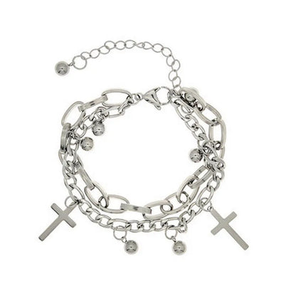 Gothic Hip Hop Metal Cross Pendant Charm Bracelet for Women Female Beads 2 Layering Linked Chain Bracelets Cool Jewelry Gift