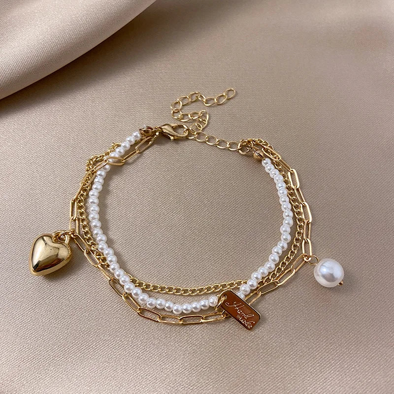 Retro Simple Multi-layer Love Pearls Bracelets Charm Bangles Female Ins Wind Beaded Bracelets Female Fashiong Jewelry Wholesale