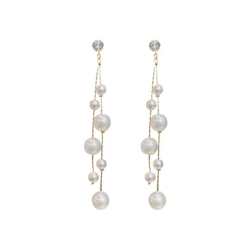 Long Dangle Earrings Full Crystal Pearl Tassel Drop Earring