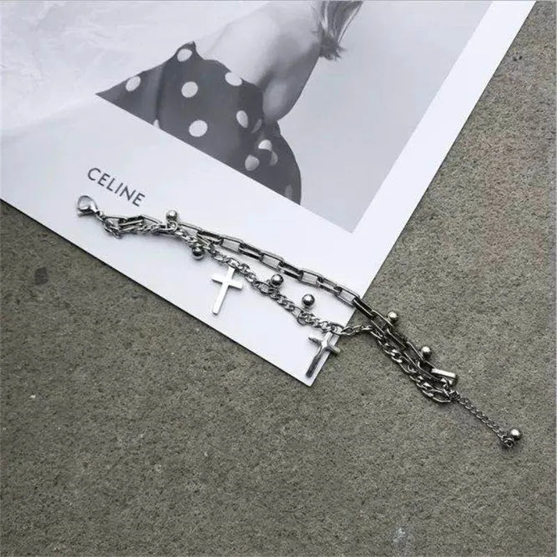 Gothic Hip Hop Metal Cross Pendant Charm Bracelet for Women Female Beads 2 Layering Linked Chain Bracelets Cool Jewelry Gift