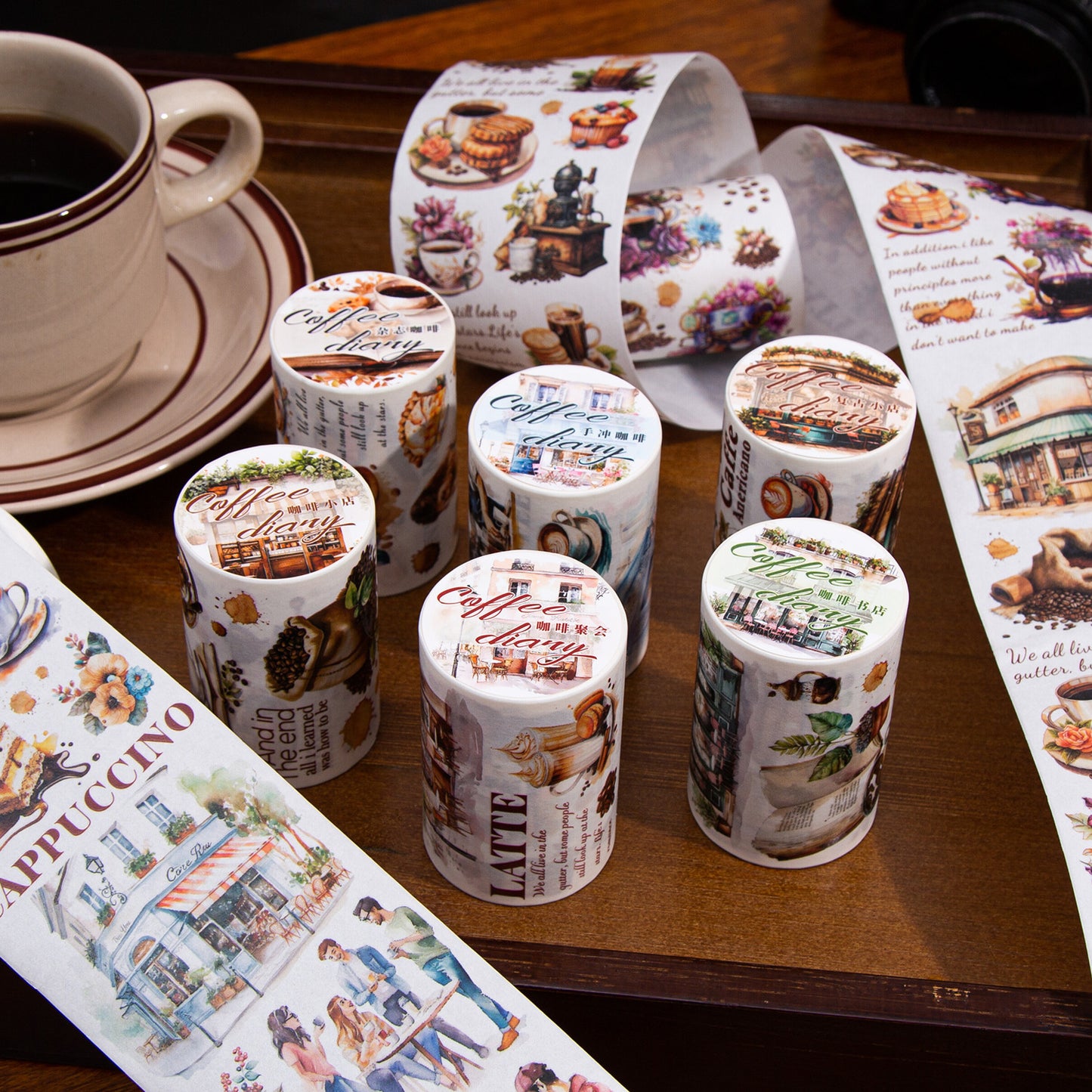 Coffee Theme Handbook Tape – 6 Rolls of Caffeinated Designs