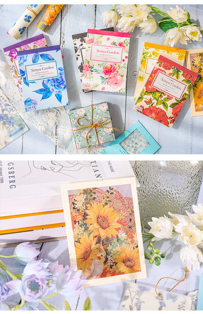CAWPURI Senyu Garden Material Book – 100 Retro Flower Stickers for Handbooks