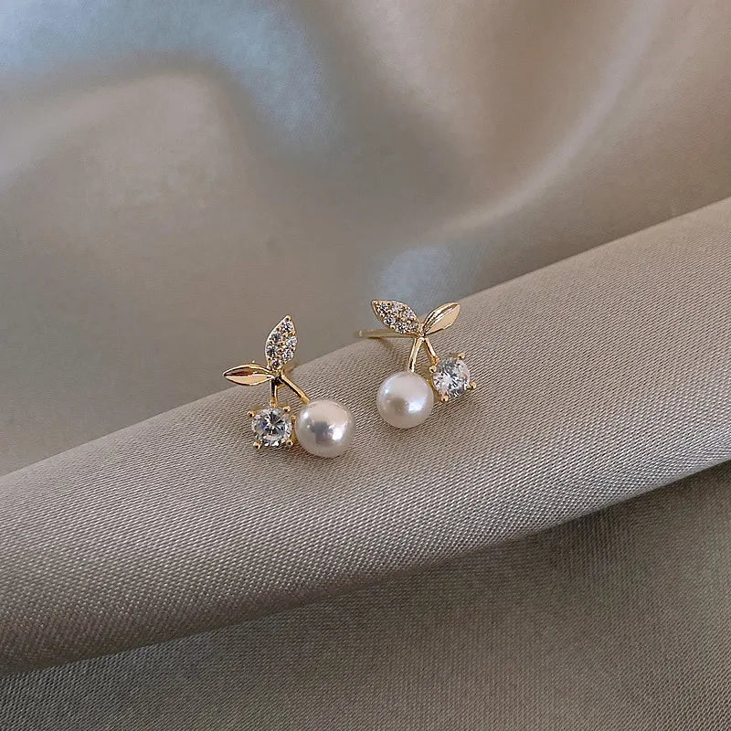 Petite Cherry Delicate Stud Earrings Cute Zircon Rhinestone Bow Bowknot Earring