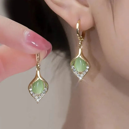 Elegant Shiny Zircon Earrings White Green Moonlight Cat Eye Stone Earrings