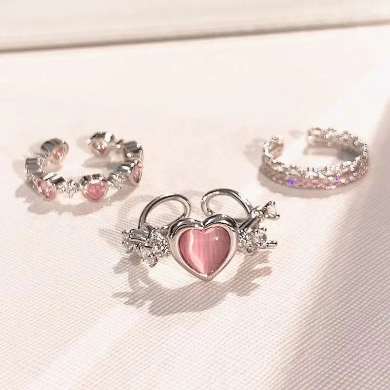 Peach Love Heart Opening Rings Cat Eye Opals Adjustable Design Premium Finger Rings