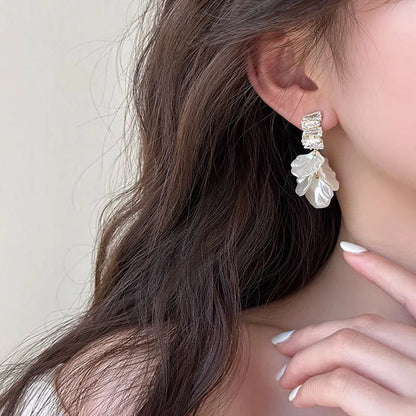 White Shell Flower Petal Drop Earrings