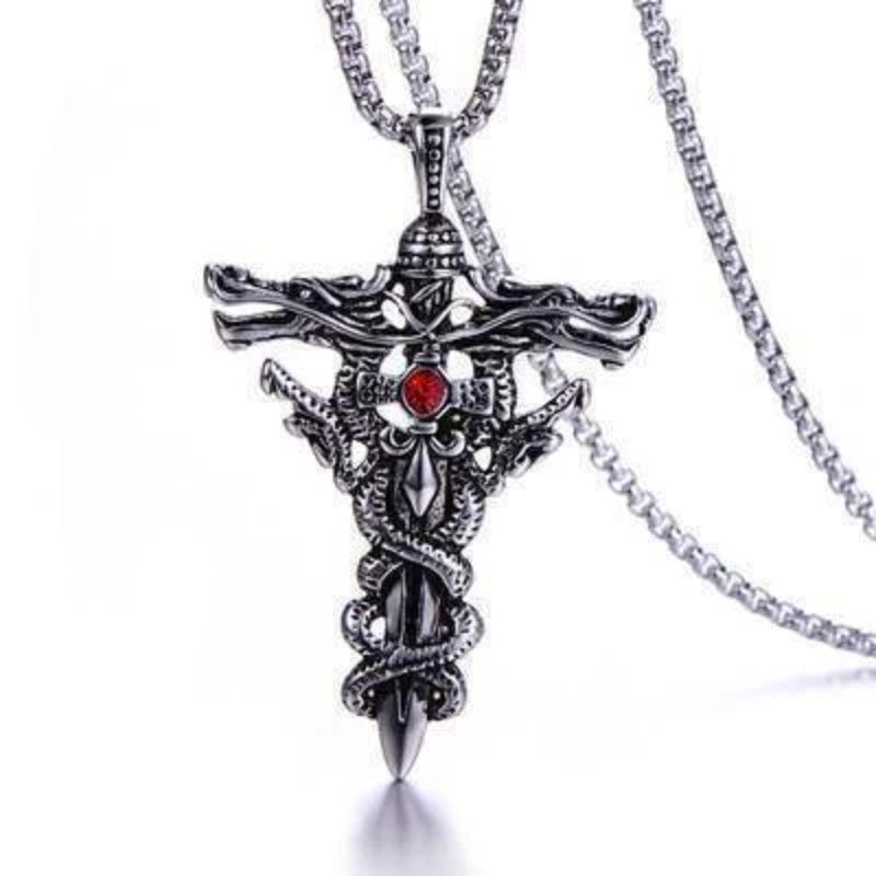 Punk Fashion Titanium Steel Necklace for Men Alloy Double Dragon Sword Pendant Choker Ring Vintage Evil Eye Cross Jewelry Gift