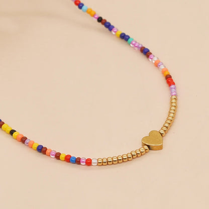 Bohemian Handmade Colorful Beads Chain Fashion Necklaces Gold Color Heart Pendant Jewelry For Women Accessories