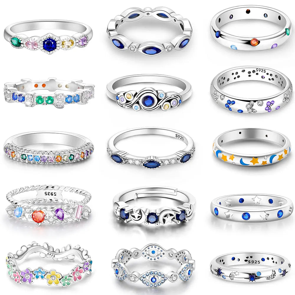 925 Sterling Silver Rings For Women Colorful Original Zircon Stackable Ring Festival Gifts Sparkling Jewelry