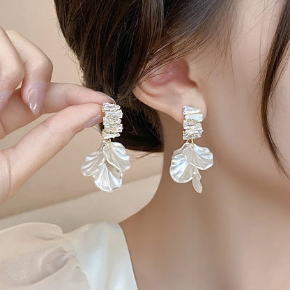 White Shell Flower Petal Drop Earrings