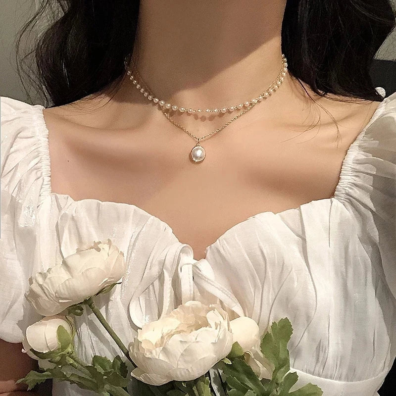 Super Fairy Temperament Imitation Pearl Heart Necklace Cold Style Sweet Simple OT Buckle Clavicle Chain Women