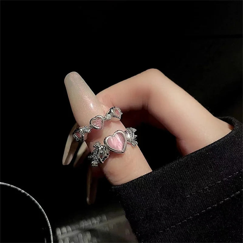 Peach Love Heart Opening Rings Cat Eye Opals Adjustable Design Premium Finger Rings