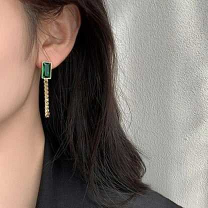 Classic Geometric Rectangle Green Crystal Stainless Steel Chain Tassel Earrings