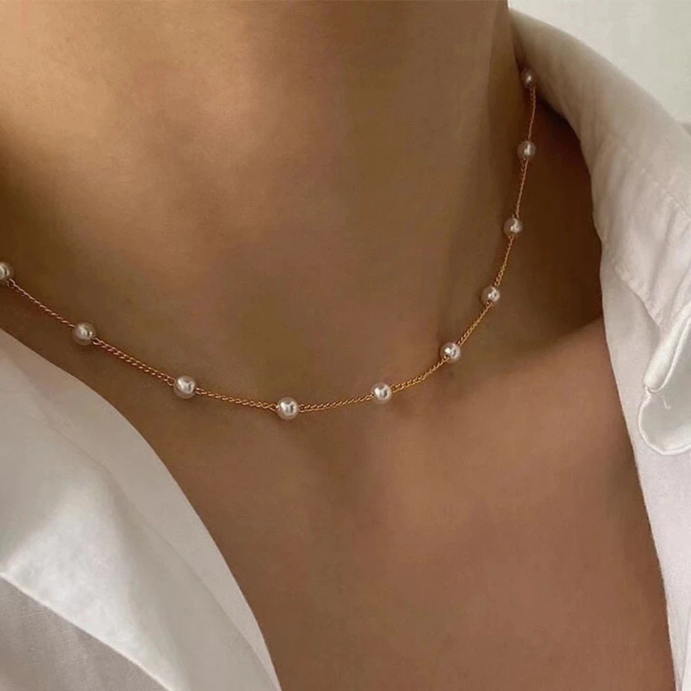 Super Fairy Temperament Imitation Pearl Heart Necklace Cold Style Sweet Simple OT Buckle Clavicle Chain Women