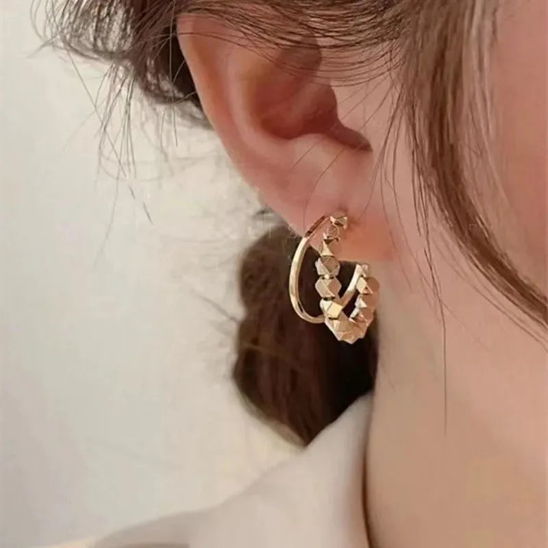 Geometric Cube Gold Color Granule C-shaped Dangle Earrings